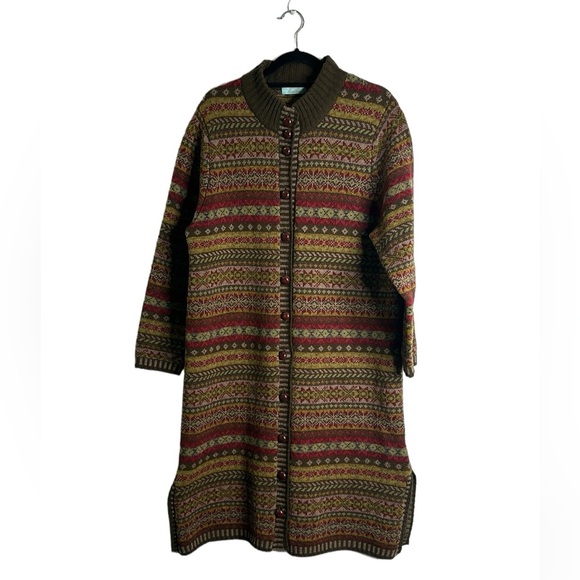ORVIS wool long sweater cardigan  button front size L olive green red Nordic - Picture 1 of 11